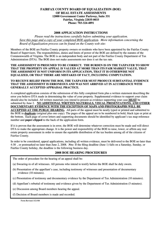 Application For Equalization Of Real Property Assessment - Fairfax County Board Of Equalization - 2008 Printable pdf