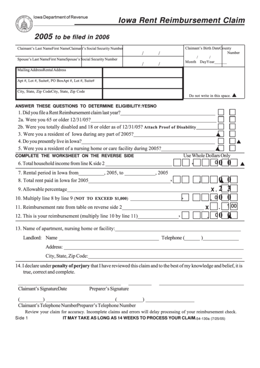 Fillable Form 54-130 - Iowa Rent Reimbursement Claim - 2005 Printable pdf