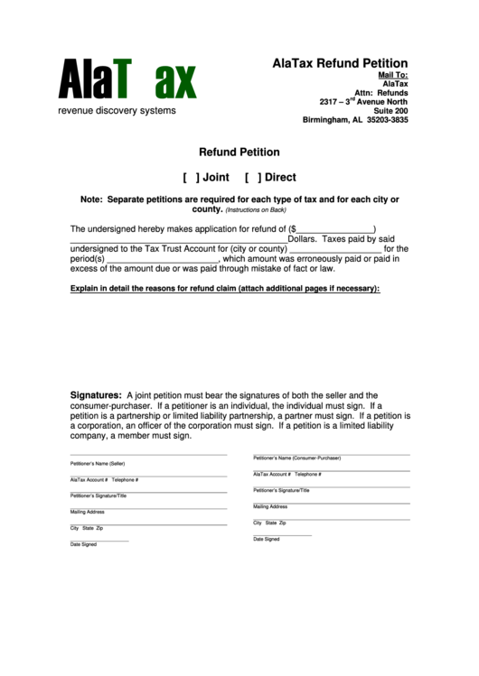 Refund Petition Form - Alatax Printable pdf