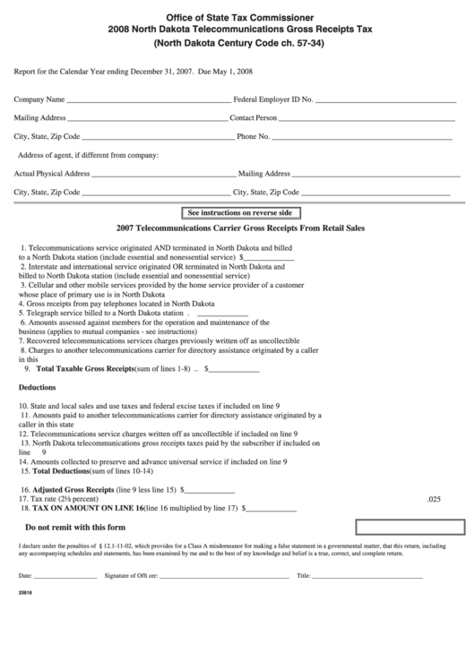Fillable Form 25818 - North Dakota Telecommunications Gross Receipts Tax - 2008 Printable pdf