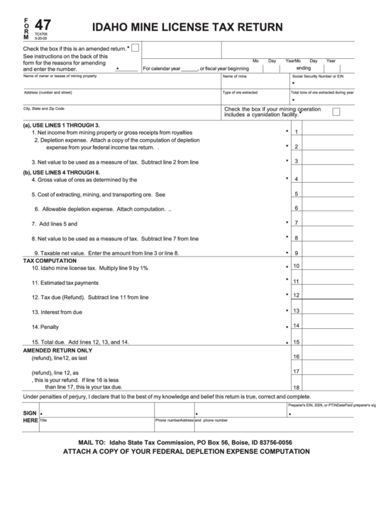 Form Tc4705 - Idaho Mine License Tax Return - 2005 Printable pdf