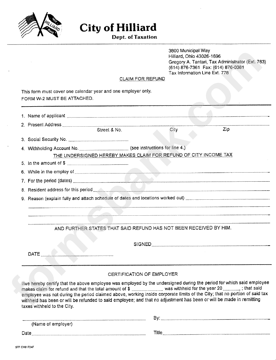 Claim For Refund-City Of Hillard Dept. Of Taxation-Form