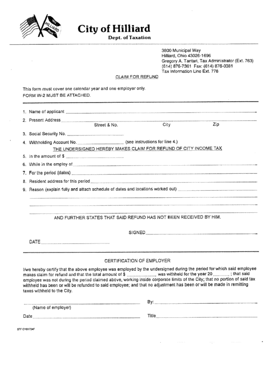 Fillable Claim For Refund-City Of Hillard Dept. Of Taxation-Form Printable pdf