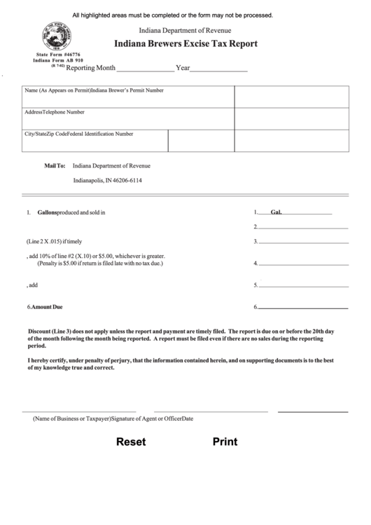 Fillable Indiana Form Ab 910 - Indiana Brewers Excise Tax Report Form - Indiana Department Of Revenue Printable pdf