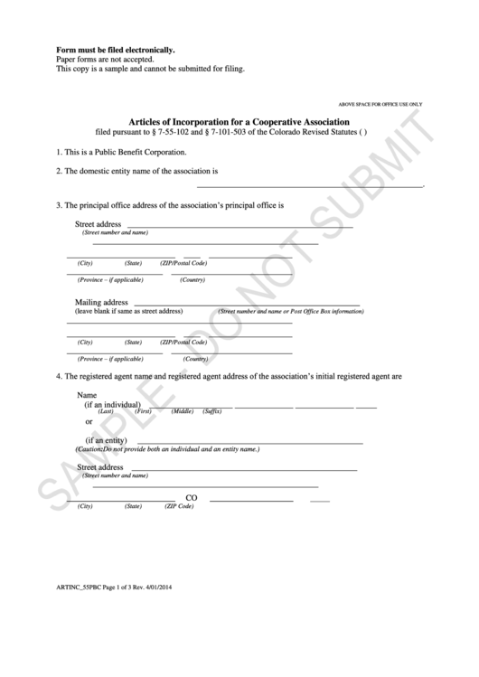 Form Artinc_55pbc - Articles Form Of Incorporation For A Cooperative Association Printable pdf