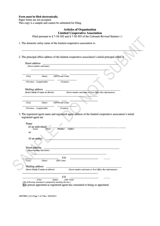 Form Artorg_lca - Articles Form Of Organization Limited Cooperative Association Printable pdf