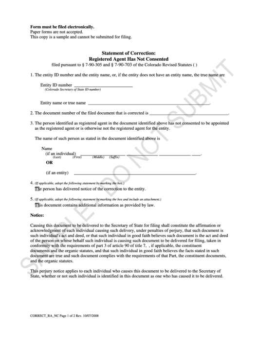 Statement Form Of Correction: Registered Agent Has Not Consented Printable pdf
