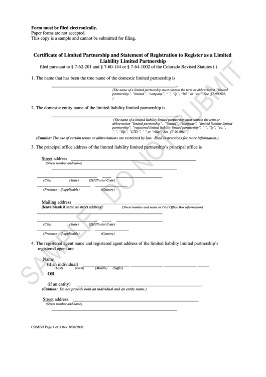 Certificate Template Of Limited Partnership And Statement Of Registration To Register As A Limited Liability Limited Partnership - Colorado Printable pdf