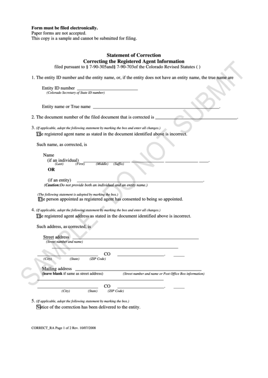 Statement Form Of Correction Correcting The Registered Agent Information Printable pdf