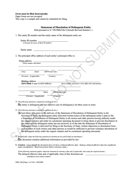 Statement Form Of Dissolution Of Delinquent Entity Printable pdf