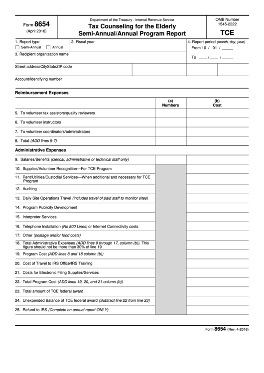 Fillable Form 8654 - Tax Counseling For The Elderly Semi-Annual/annual Program Report Form Printable pdf