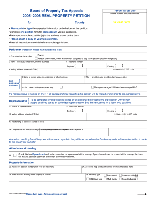Fillable Form 150-310-063 - Real Property Petition - 2005-2006 Printable pdf