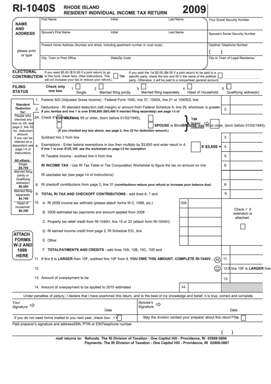 Form Ri-1040s - Resident Individual Income Tax Return - 2009 Printable pdf