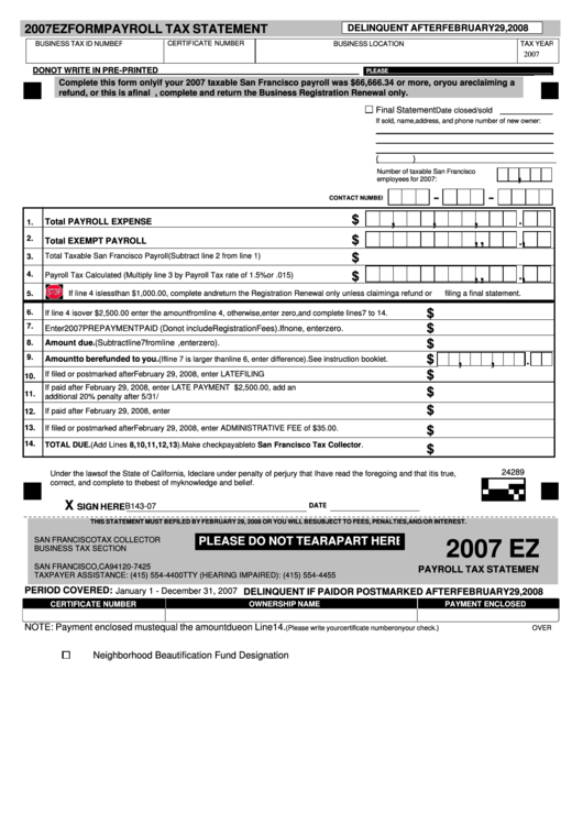 Fillable Ez Form - Payroll Tax Statement - San Francisco Tax Collector - 2007 Printable pdf