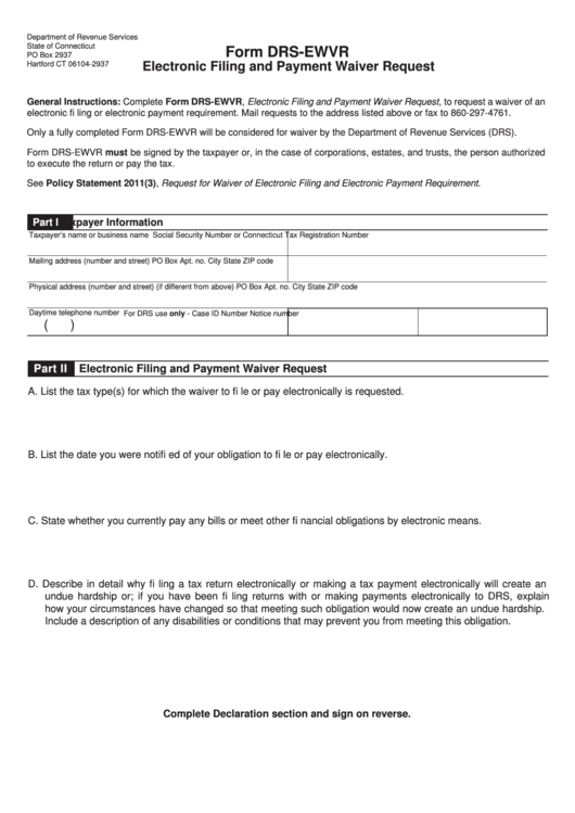 Form Drs-Ewvr - Electronic Filing And Payment Waiver Request Form Printable pdf