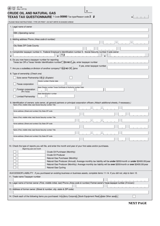 Fillable Form Ap-134 - Crude Oil And Natural Gas Texas Tax Questionnaire - 2013 Printable pdf
