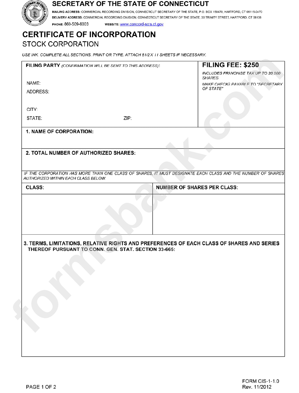 Form Cis 1 1 0 Form For A Certificate Of Incorporation printable pdf