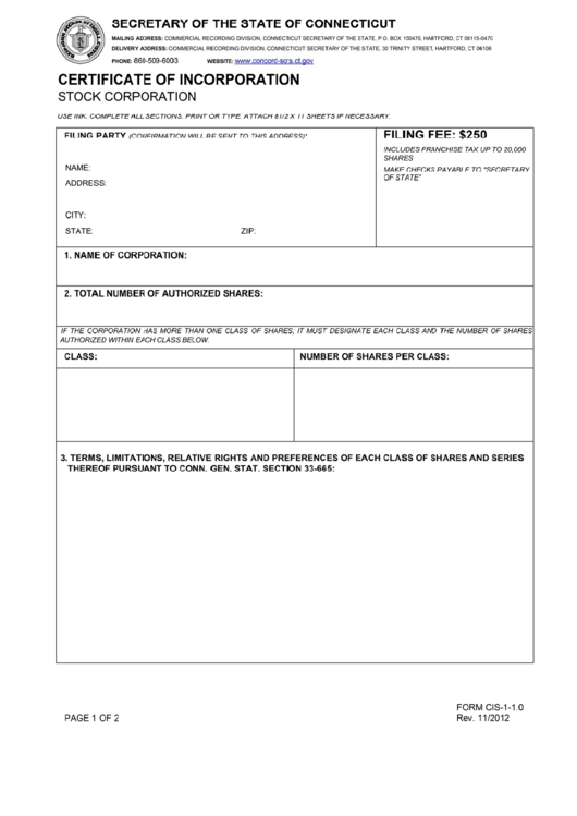 Form Cis-1-1.0 - Form For A Certificate Of Incorporation Printable pdf