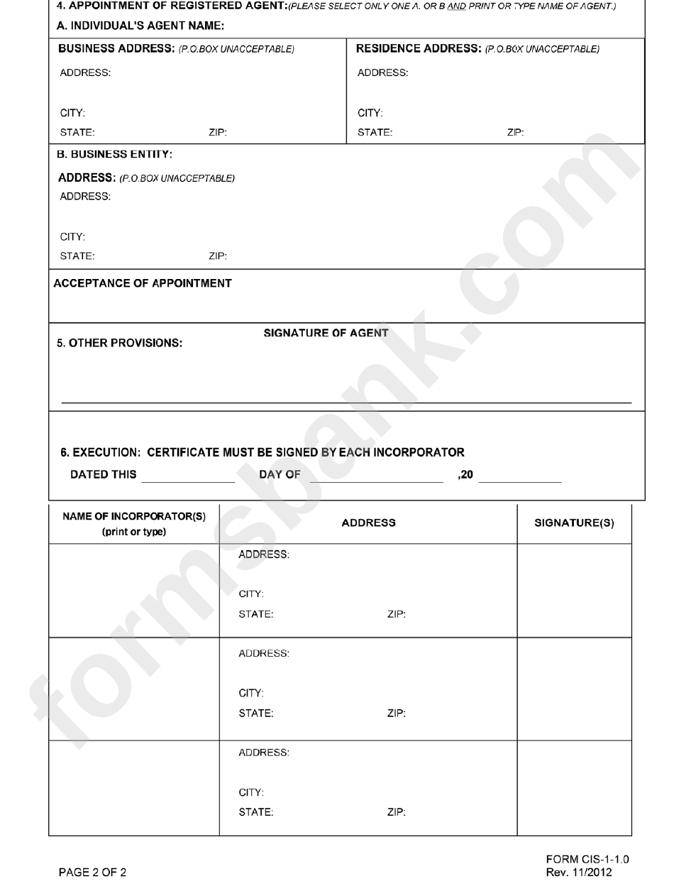 Form Cis-1-1.0 - Form For A Certificate Of Incorporation