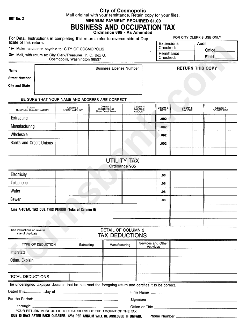 Business And Occupation Tax Form - City Of Cosmopolis