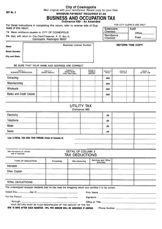Business And Occupation Tax Form - City Of Cosmopolis Printable pdf