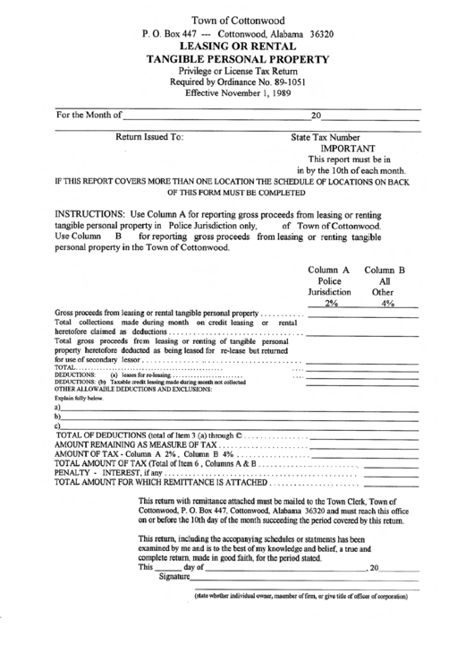 Leasing Or Rental Tangible Personal Property Form - Town Of Cottonwood Printable pdf