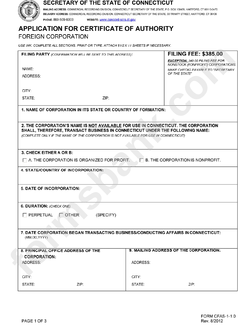 Form Cfas-1-1.0 - Application For Certificate Of Authority - Foreign Corporation