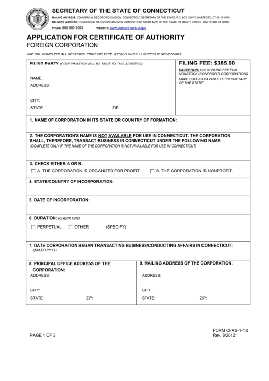 Form Cfas-1-1.0 - Application For Certificate Of Authority - Foreign Corporation Printable pdf