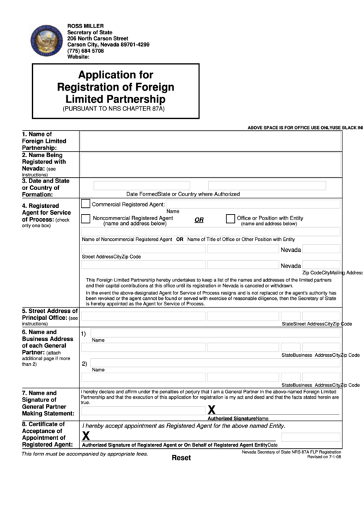 Fillable Application Form For Registration Of Foreign Limited Partnership Printable pdf