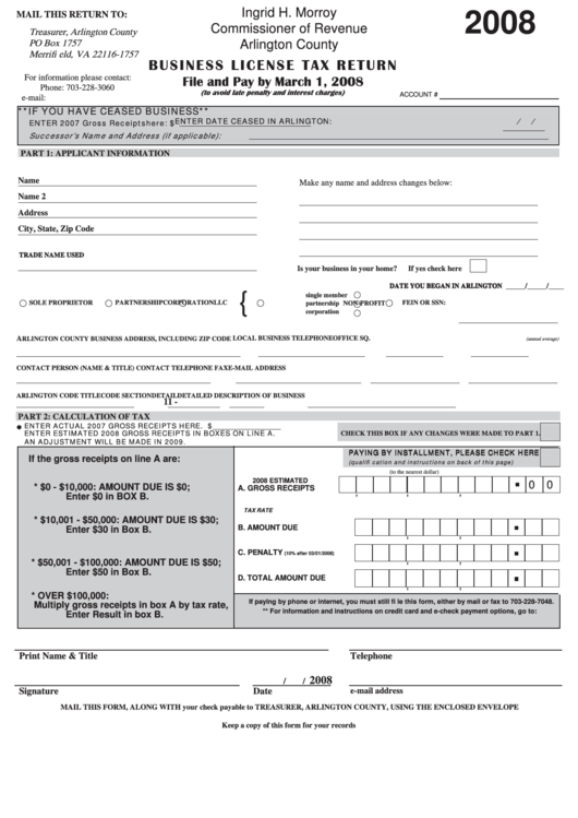 Business License Tax Return Form - Arlington County - 2008 Printable pdf