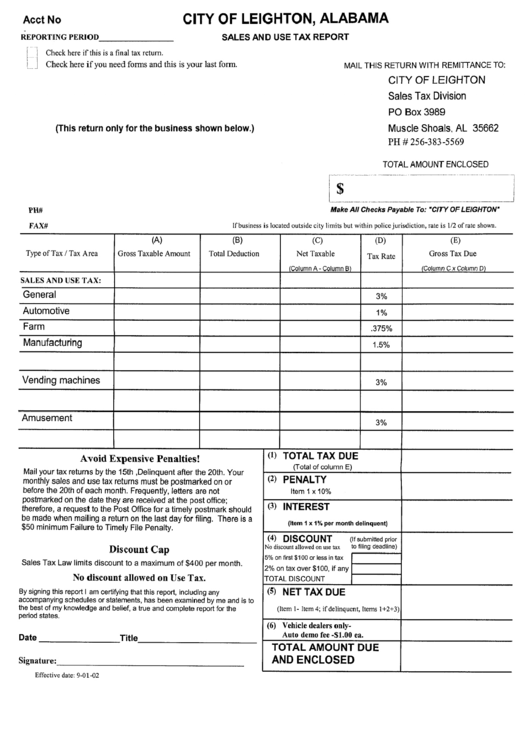Sales And Use Tax Report Form - City Of Leighton Printable pdf