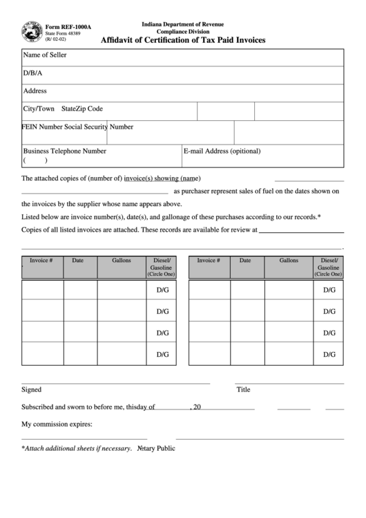 Form Ref-1000a - Affidavit Form For Certification Of Tax Paid Invoices Printable pdf