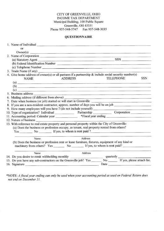 Questionnaire Sheet Of Income Tax Departament - State Of Ohio Printable pdf
