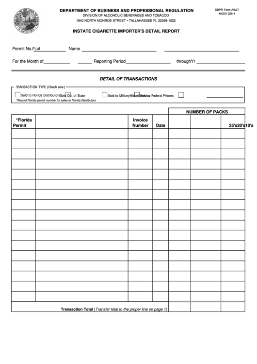 Form Ab&t - Instate Cigarette Importers Detail Report - Department Of Business And Professional Regulation Printable pdf