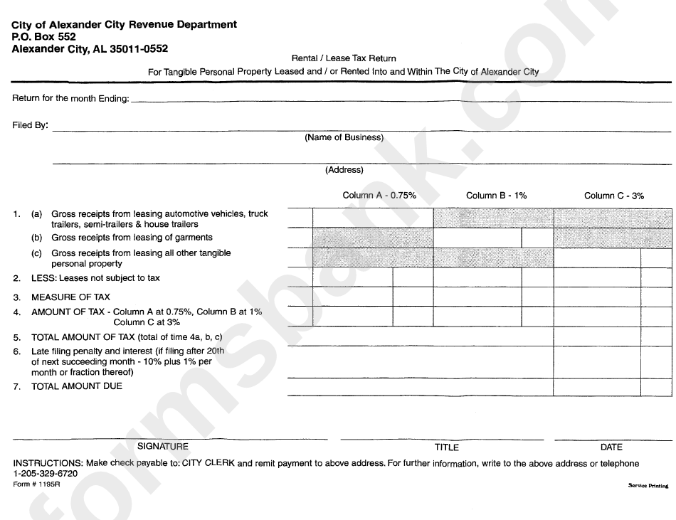 Form 1195r - Rental/lease Tax Return Form For Tangible Personal Property/ Rented Into - City Of Alexander City