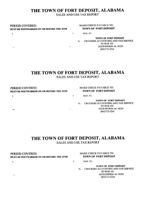 Sales And Use Tax Report Form - Town Of Fort Deposit Printable pdf