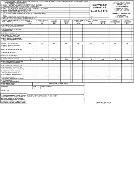 Sales Tax Form - Lafayette Parish School System Printable pdf