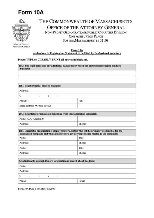 Form 10a - Form Of Addendum To Registration Statement To Be Filed By Professional Solicitors Printable pdf
