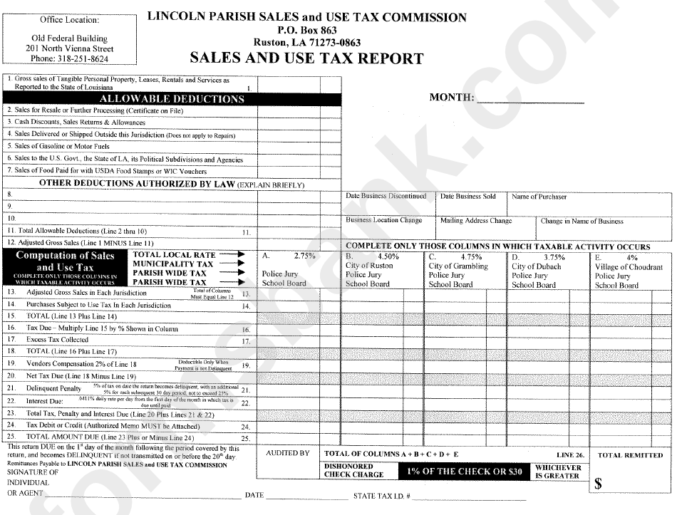 Sales And Use Tax Report Form - Lincoln Parish