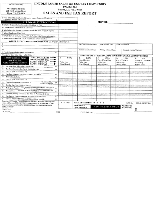 Sales And Use Tax Report Form - Lincoln Parish Printable pdf