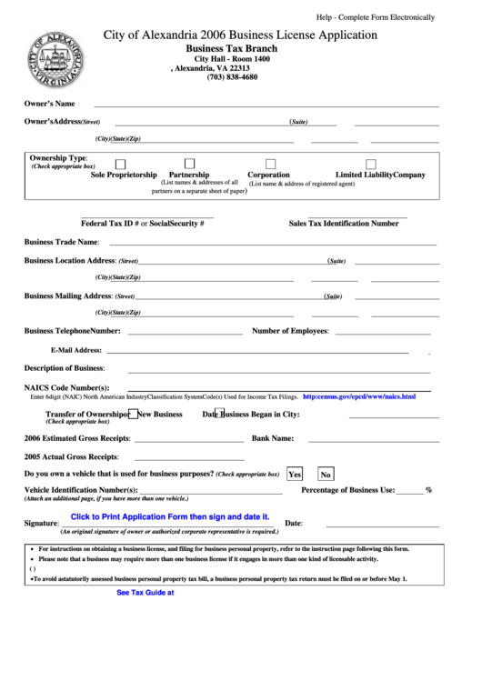 Fillable City Of Alexandria Business License Application - Business Tax Branch - 2006 Printable pdf