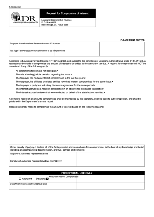 Fillable Form R-20130(1/08)- Request For Compromise Of Interest Printable pdf