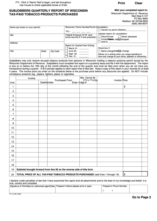 Fillable Subjobbers Quarterly Report Of Tax-Paid Tobacco Products Purchased Form - State Of Wisconsin Printable pdf
