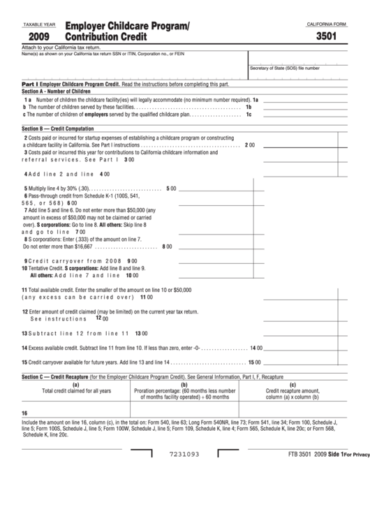 Fillable California Form 3501 - Employer Childcare Program/ Contribution Credit - 2009 Printable pdf