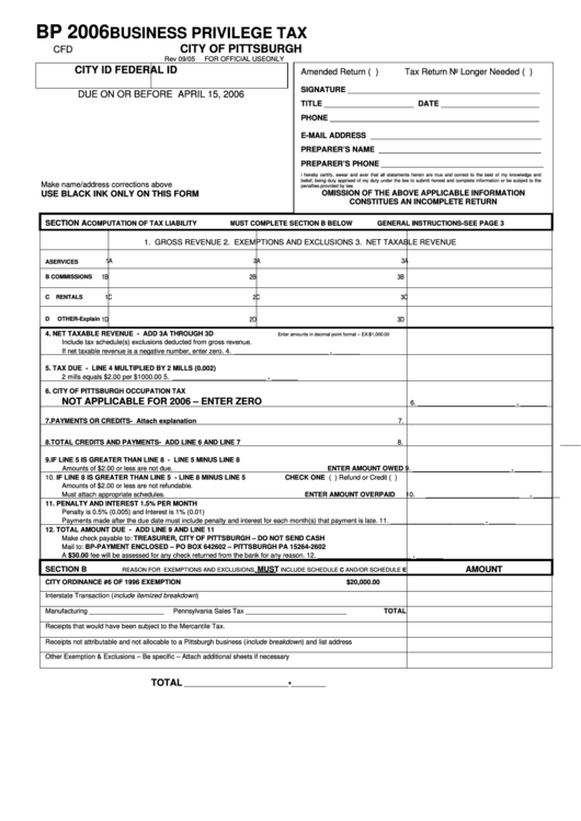 Form Bp - Business Privilege Tax - City Of Pittsburgh - 2006 Printable pdf