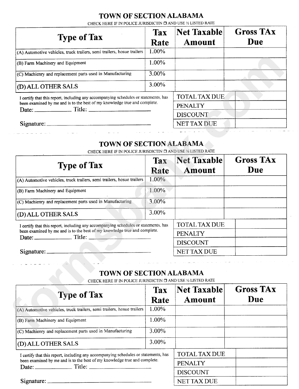Sales And Use Tax Report Form - The Town Section Of Alabama