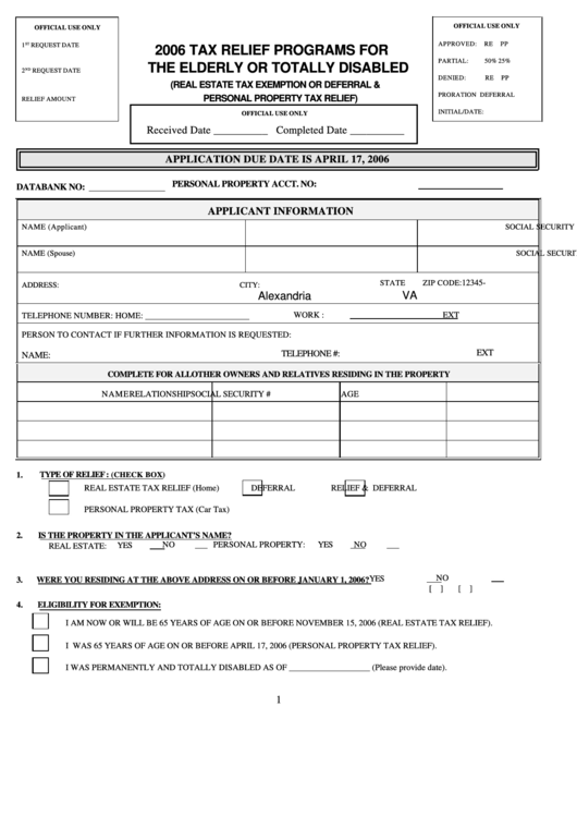 Fillable Tax Relief Programs For The Elderly Or Totally Disabled - 2006 Form Printable pdf