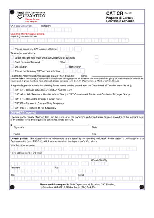 Request To Cancel/ Reactivate Account Form Printable pdf