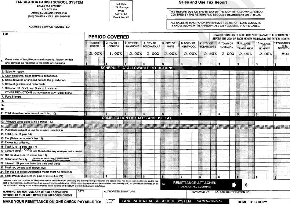 Sales And Use Tax Form - Tangipahoa Parish School System