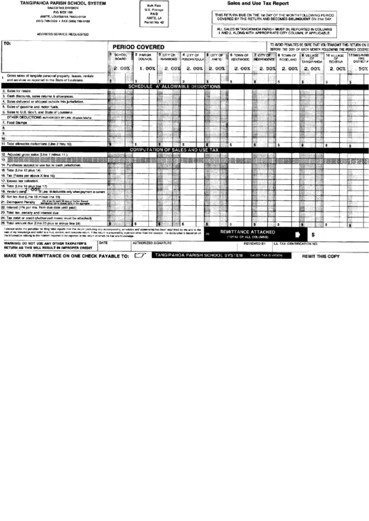 Sales And Use Tax Form - Tangipahoa Parish School System Printable pdf